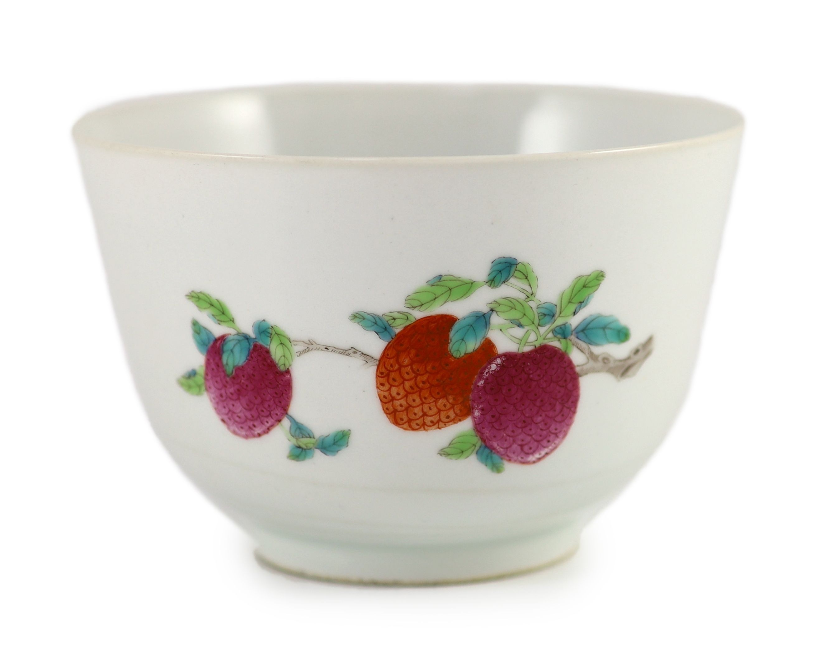 A Chinese famille rose ‘fruit sprig’ deep bowl, Qianlong mark but late 19th/early 20th century, 13cm diameter